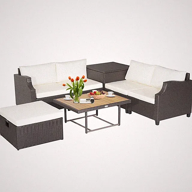 7-Piece Patio Outdoor PE Wicker Furniture Set w/ Soft Padded Cushions Off White