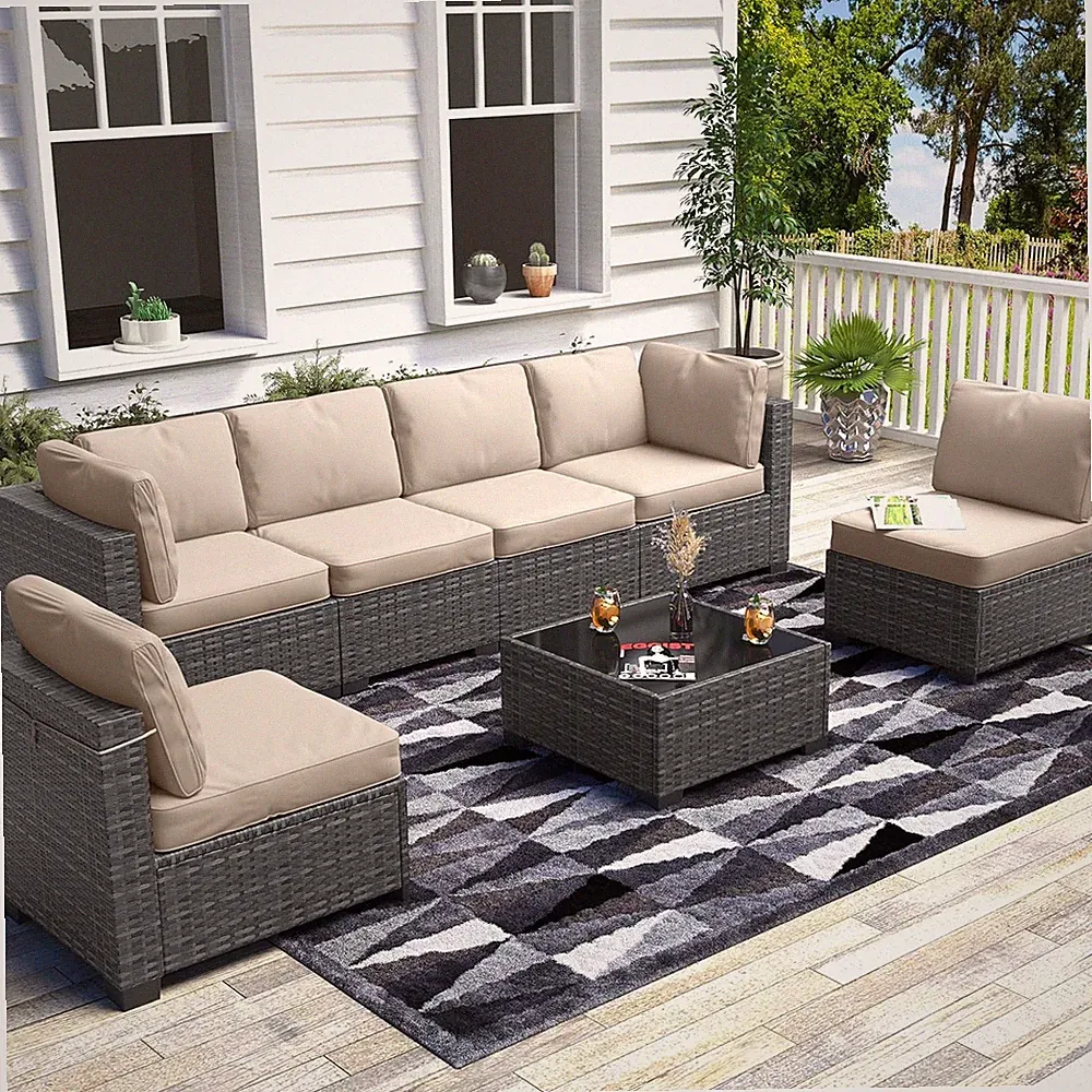 7-Piece Patio Sectional Sofa Set - Wicker Rattan Outdoor Furniture with Cushions