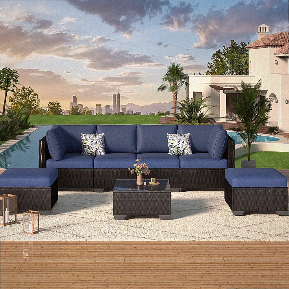 7-Piece Patio Sofa , PE Rattan Outdoor Sectional Conversation Set with Cushions
