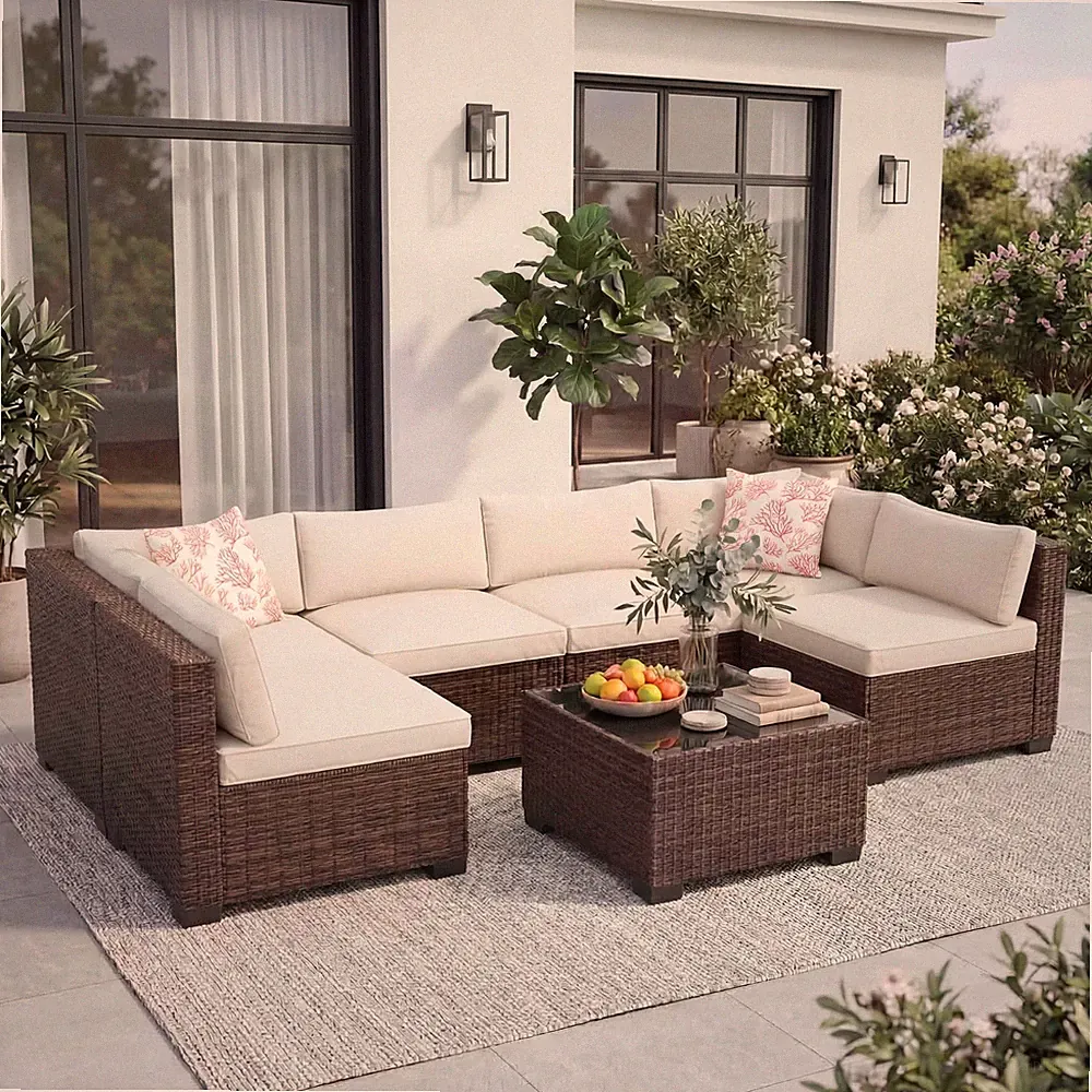 7 Piece Patio Wicker Set Sectional Rattan Sofa Conversation Outdoor Furniture