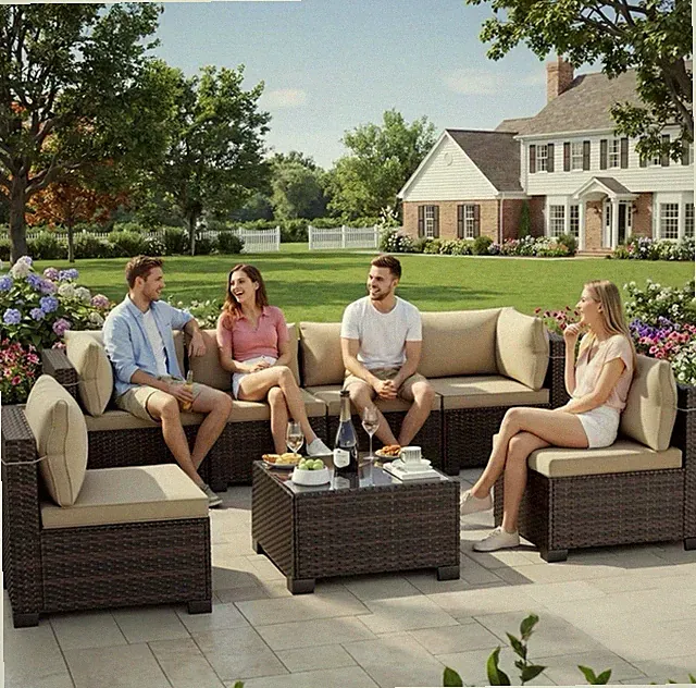 7-Piece PE Rattan Patio Sectional Sofa Set w/ Cushions & Glass Top Table