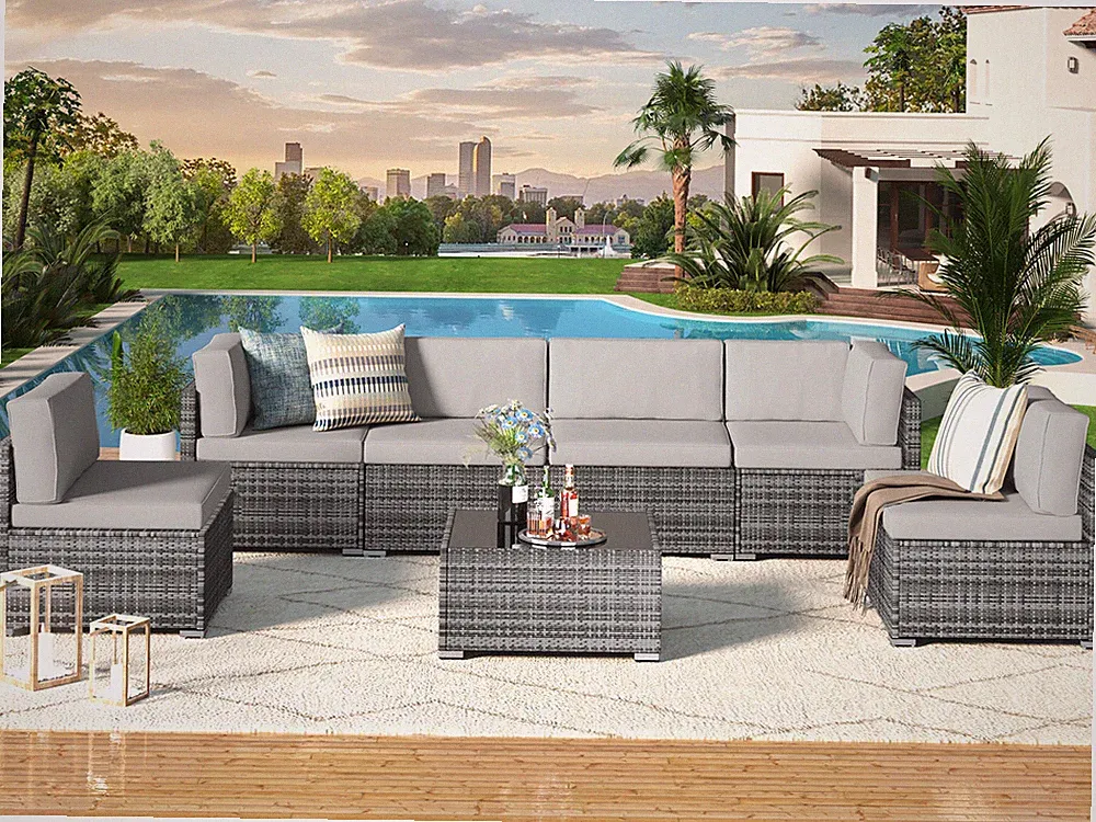 7 Piece PE Rattan Patio Set Outdoor Wicker Sectional Sofa w/ Tea Table Cushions