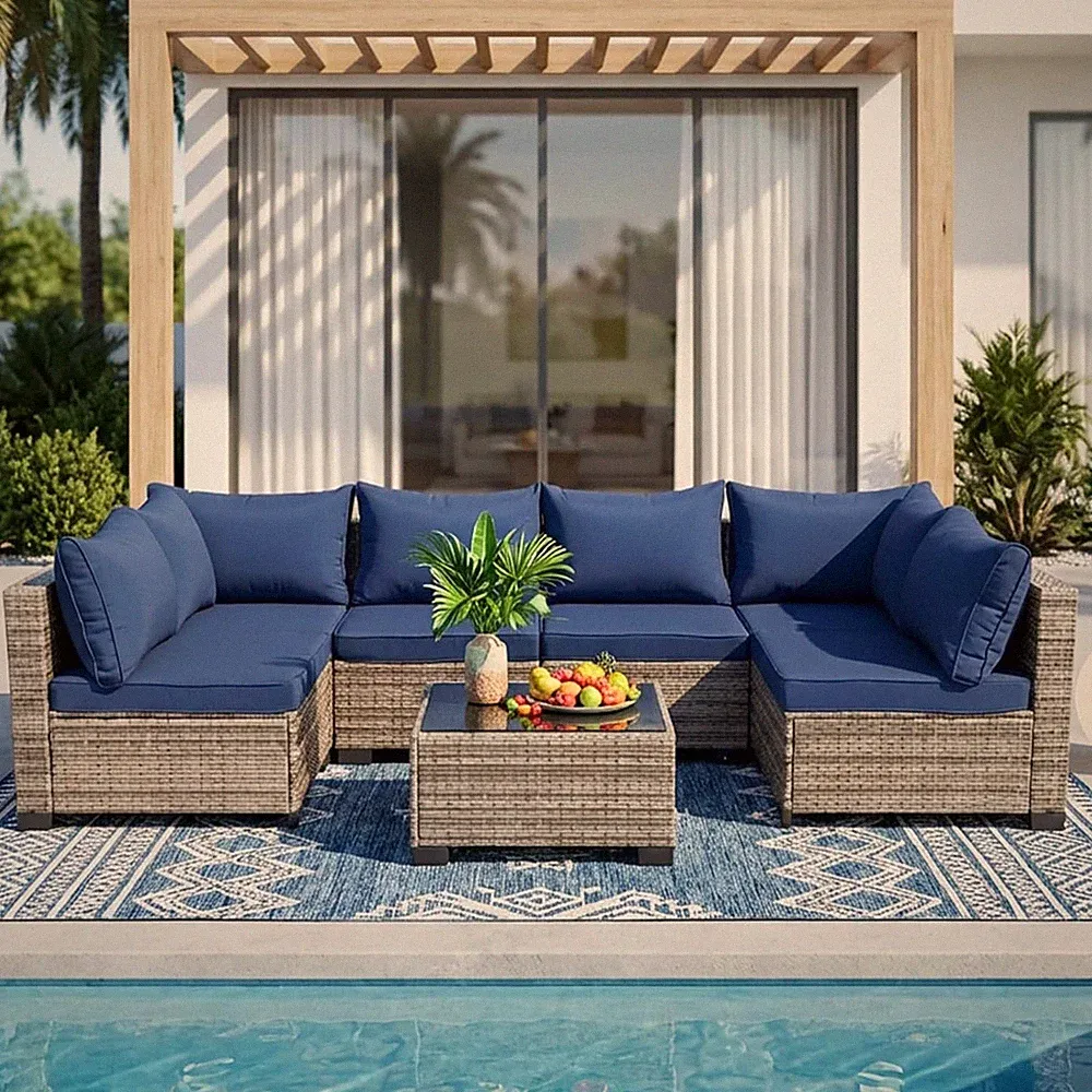 7 Piece PE Rattan Sectional Patio Furniture Set, Blue | All Weather Outdoor Conv