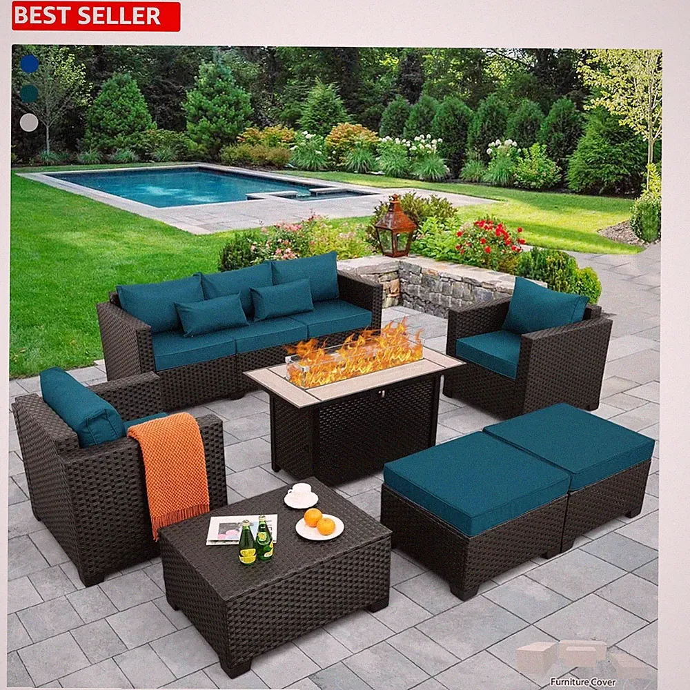 7-Piece Peacock Blue Outdoor Patio Furniture Set with 60000 BTU Fire Pit