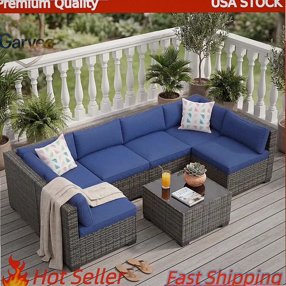 7-Piece Rattan Sectional Sofa with Coffee Table & Water-Resistant Thick Cushions
