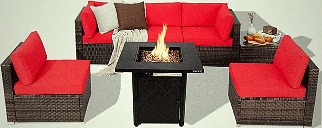 7-Piece Red Wicker Patio Set with 28" Propane Fire Pit Table
