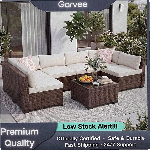 7-Piece Sectional Sofa Set Outdoor Wicker Rattan Coffee Table Cushions Washable