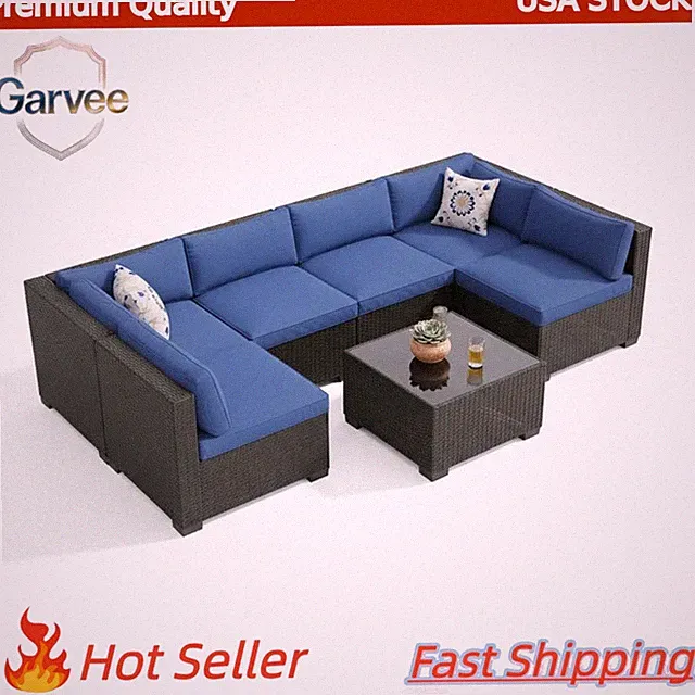 7-Piece Sectional Sofa Set Rattan Wicker with Cushions, Steel Frame for Poolside