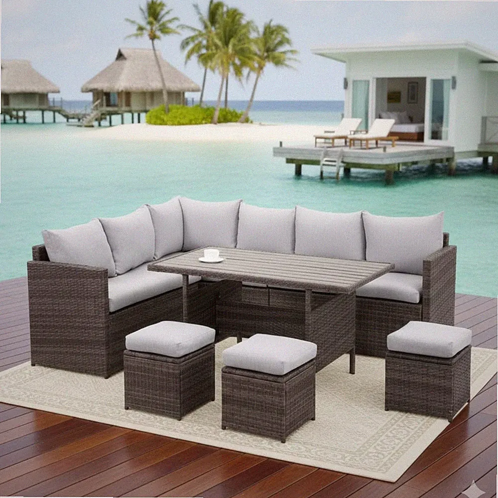 7 Piece Wicker Outdoor Dining Set 9-Seat Outdoor Sectional Cushions Sofa w/Table