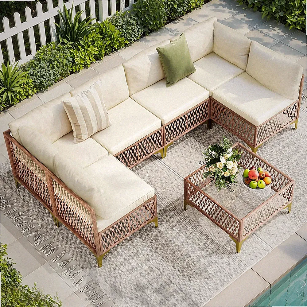 7-Piece Wicker Outdoor Furniture Set, Boho Sectional Sofa Patio Conversation Set