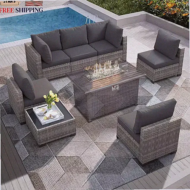 7-Piece Wicker Outdoor Patio Sectional Sofa All-Weather PE Rattan Conversatio...