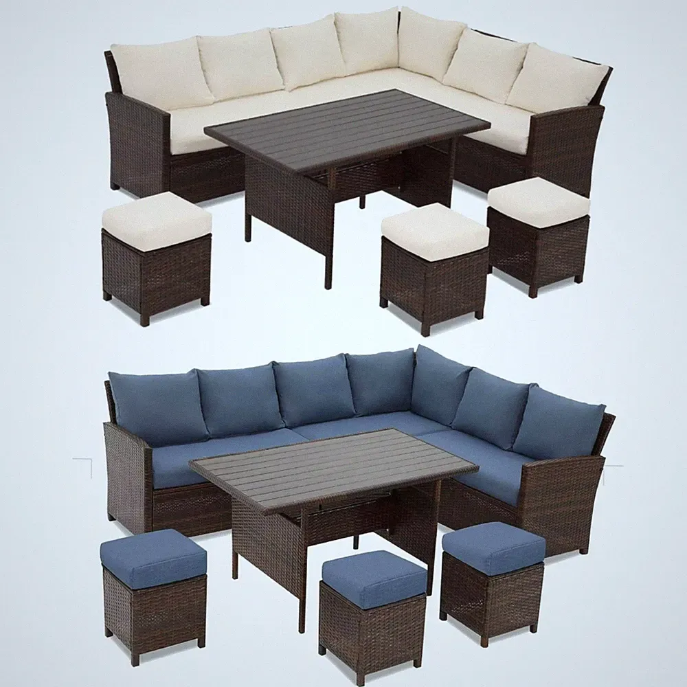 7 Piece Wicker Patio Dining Set 9-Seat Outdoor Sectional Cushions Sofa w/Table