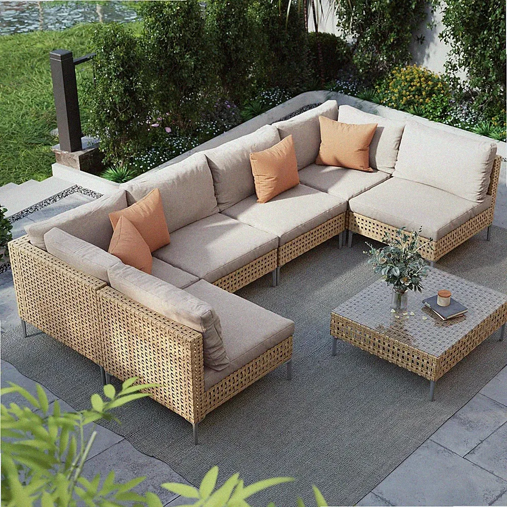 7-Piece Wicker Patio Furniture Set, Boho Outdoor Conversation Set Sectional Sofa