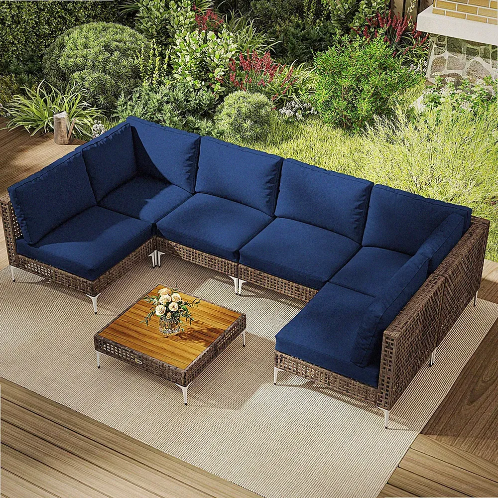 7 Piece Wicker Patio Furniture Set Outdoor Sectional, Brown/Blue