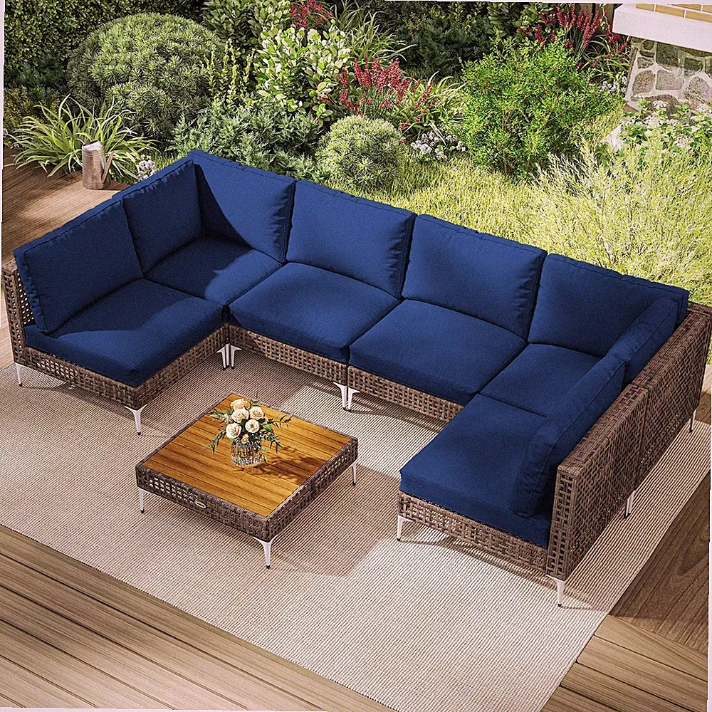 7 Piece Wicker Patio Furniture Set Outdoor Sectional, Brown/Blue