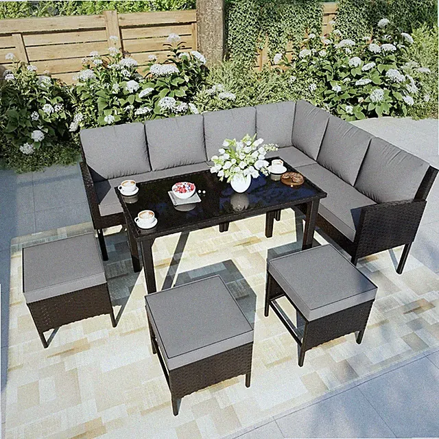 7 Pieces Outdoor Dining Set, Wicker Conversation Patio Furniture with Glass Tabl