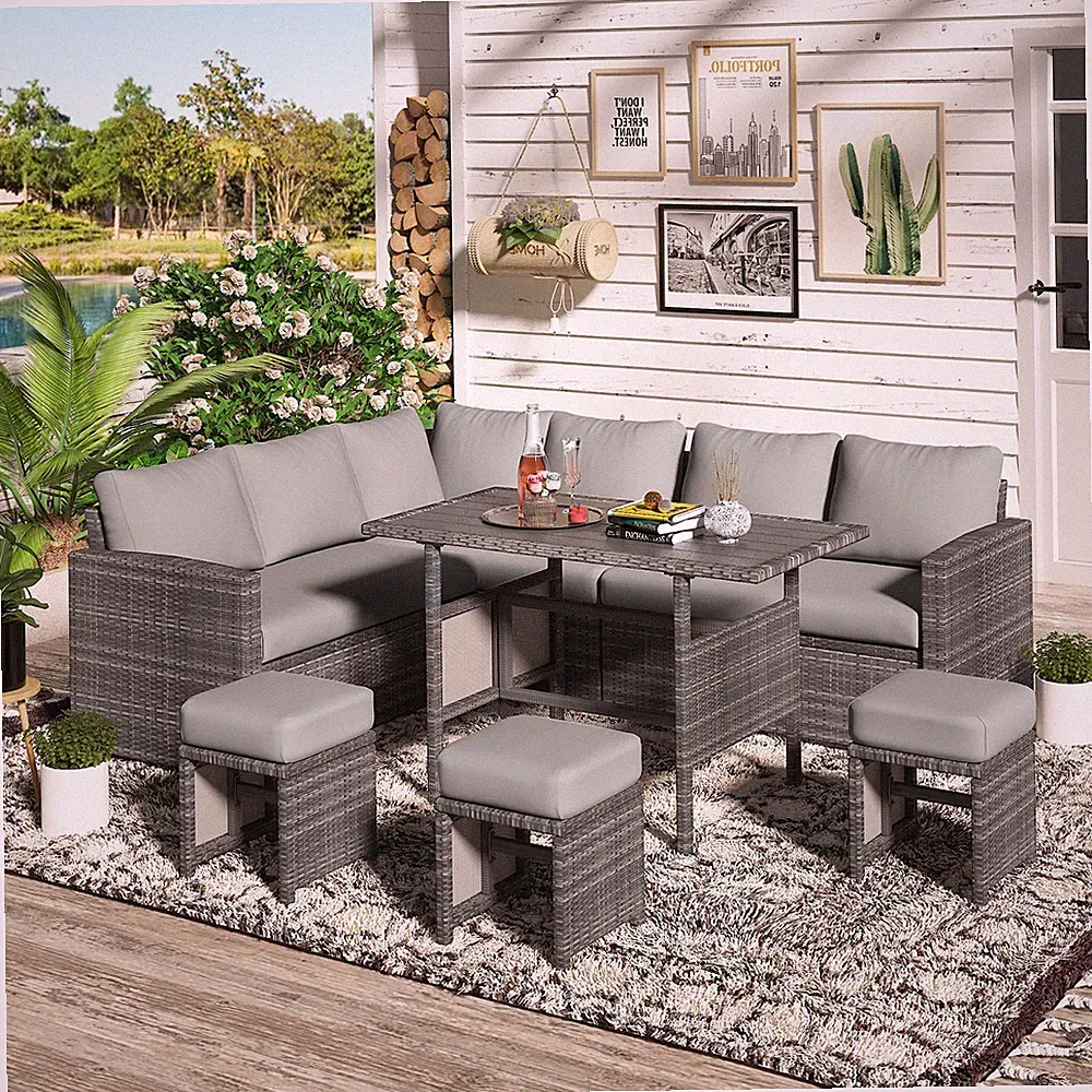7 Pieces Outdoor Furniture Set Patio Wicker Rattan Sectional Sofa w/ Table