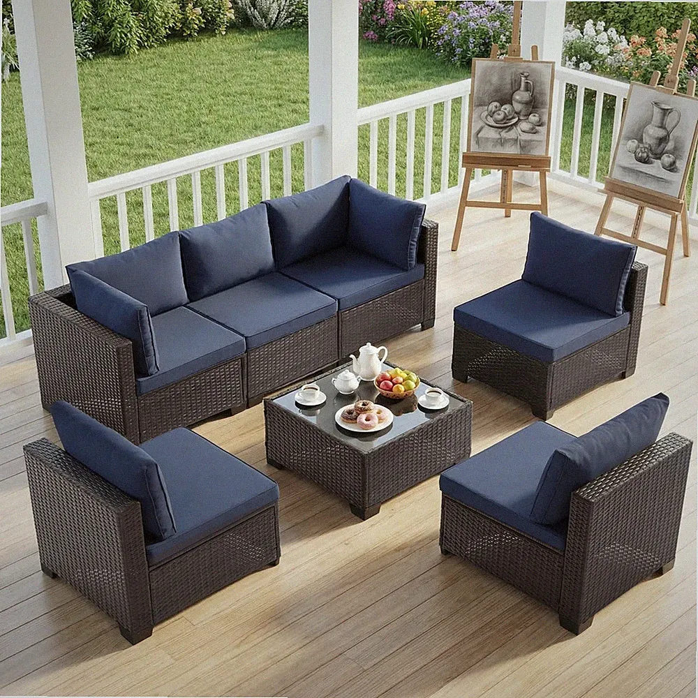 7 Pieces Outdoor Furniture Set Patio Wicker Rattan Sectional Sofa with Table