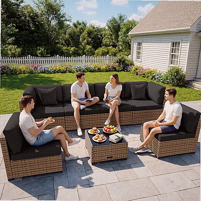 7 Pieces Outdoor Furniture Set, Wicker Furniture Patio Conversation Sets with Te