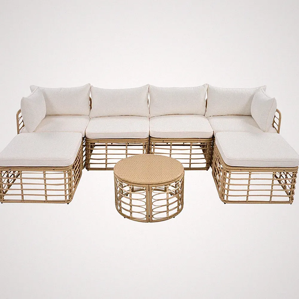 7 Pieces Outdoor Patio Furniture Set All-Weather Rattan U-Shaped Sectional Sofa