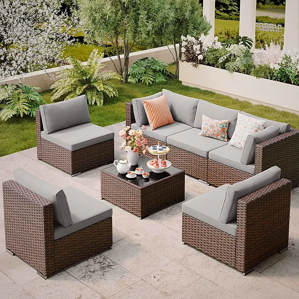 7 Pieces Outdoor Patio Furniture Set, PE Rattan Outdoor Wicker Sectional Furnitu
