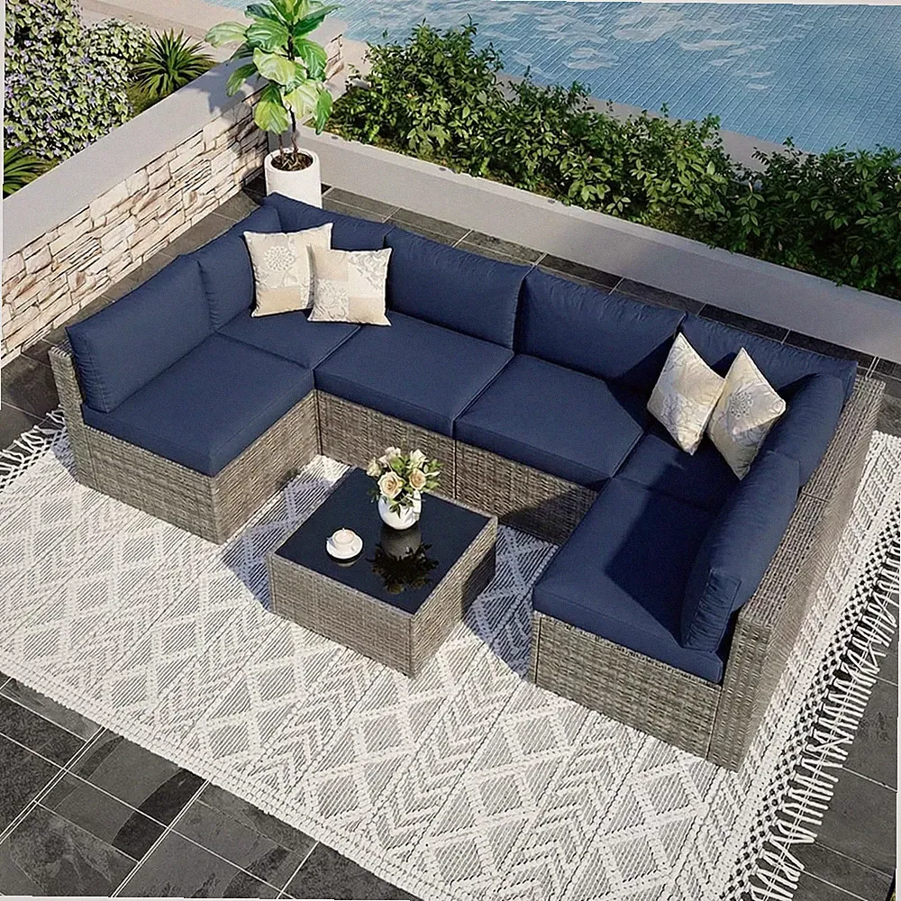 7 Pieces Outdoor Patio Furniture Set, Wicker Outdoor Patio Sectional Sofas with