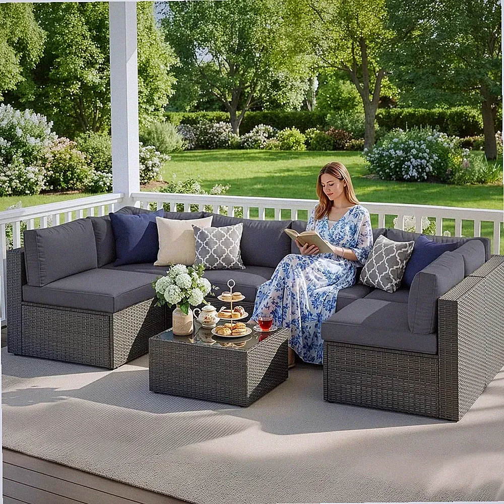 7 Pieces Outdoor Patio Furniture Set, Wicker Outdoor Patio Sectional Sofas with