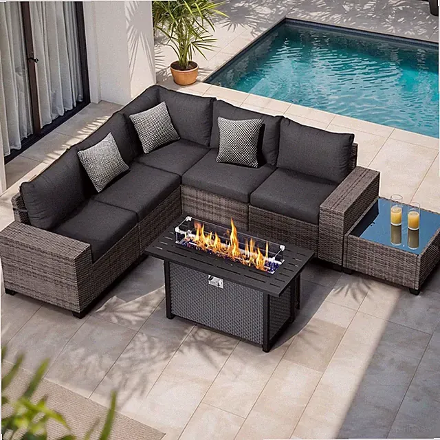 7 Pieces Outdoor Patio Furniture Set with 45" Fire Pit Table, Black