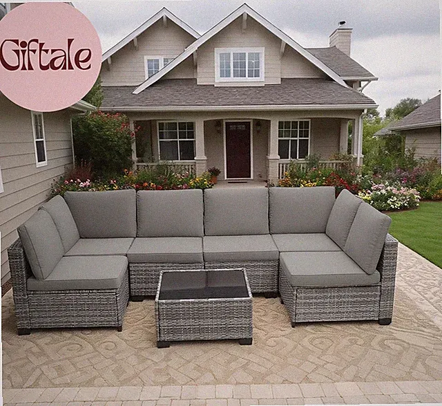 7 Pieces Outdoor Patio Furniture Sets, All-Weather Sectional Sofa Grey PE Rattan