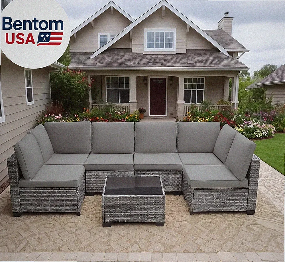 7 Pieces Outdoor Patio Furniture Sets, All-Weather Sectional Sofa Grey PE Rattan