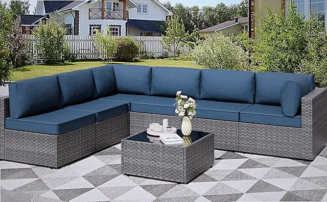 7 Pieces Outdoor Patio Furniture Sets, Patio Sectional Sofa Couch, Gray PE Wi...