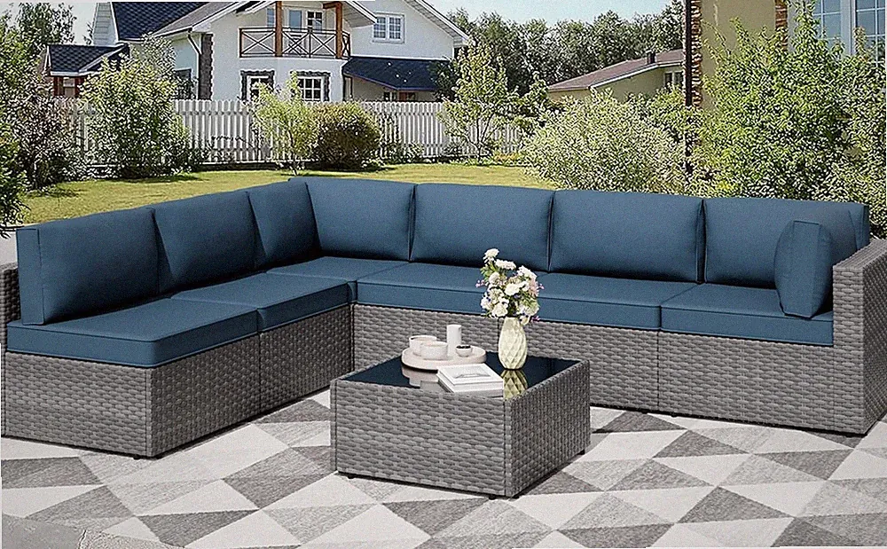 7 Pieces Outdoor Patio Furniture Sets, Patio Sectional Sofa Couch, Gray PE Wicke