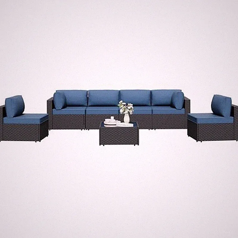 7 Pieces Outdoor Patio Sectional Sofa Couch, Wicker 7 Set, Navy Blue