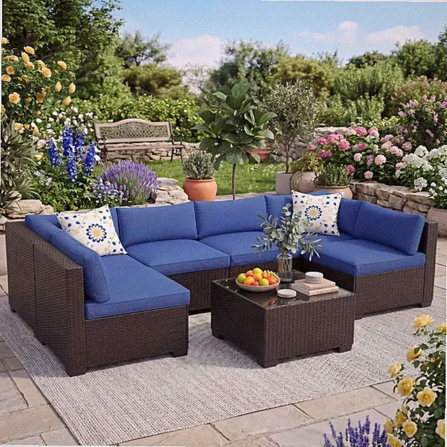 7 Pieces Outdoor Patio Sectional Sofa Couch, Wicker Furniture Conversation Sets
