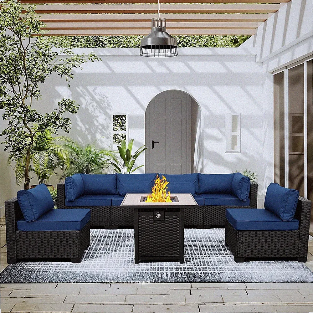 7 Pieces Outdoor PE Wicker Furniture Set Patio Rattan Sectional Conversation Sof