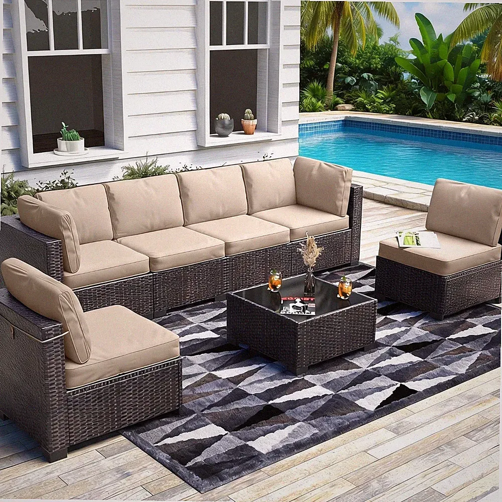 7 Pieces Outdoor Rattan Sectional Sofa Patio Furniture Set with Coffee Table