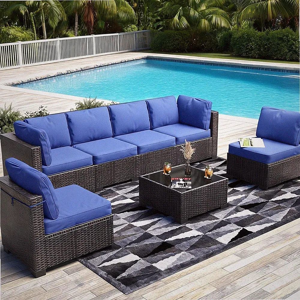 7 Pieces Outdoor Rattan Sectional Sofa Patio Furniture Set with Coffee Table