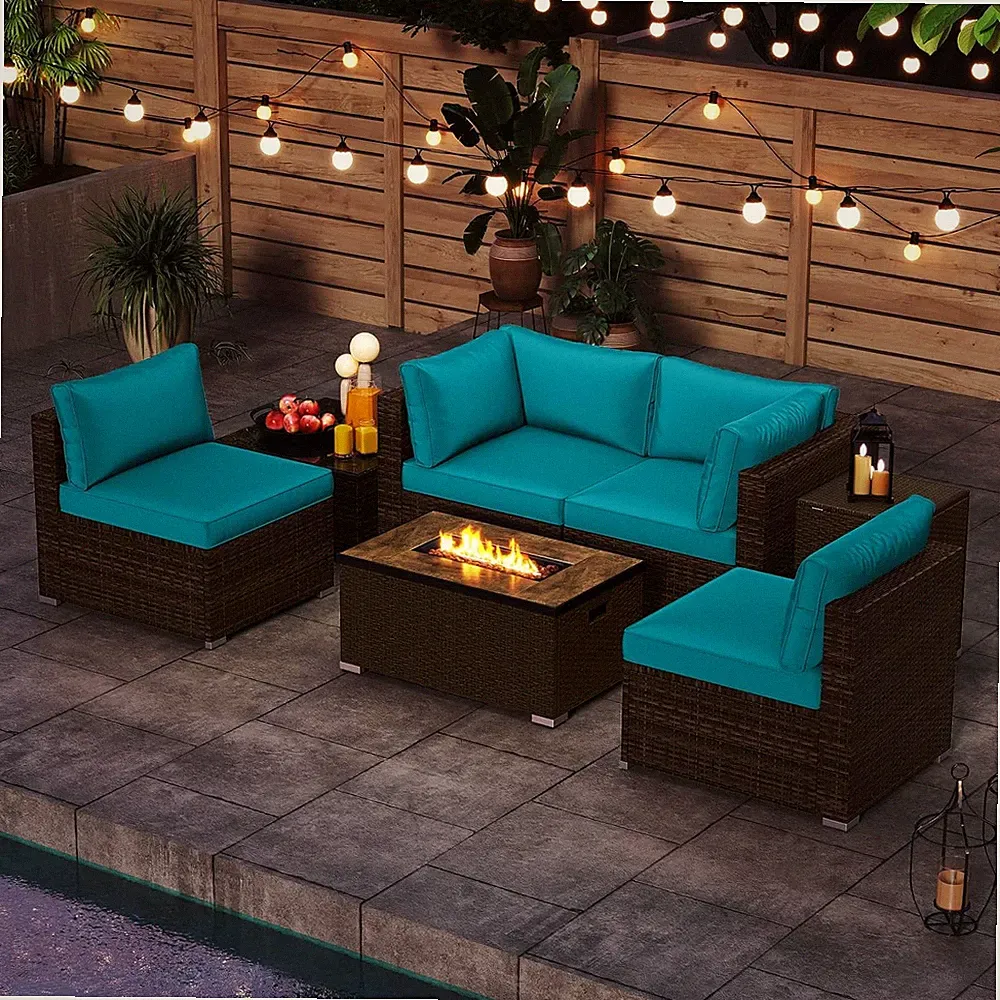 7 Pieces Outdoor Sectional Sofa Set Set with 32” Fire Pit Table and Propane Tank
