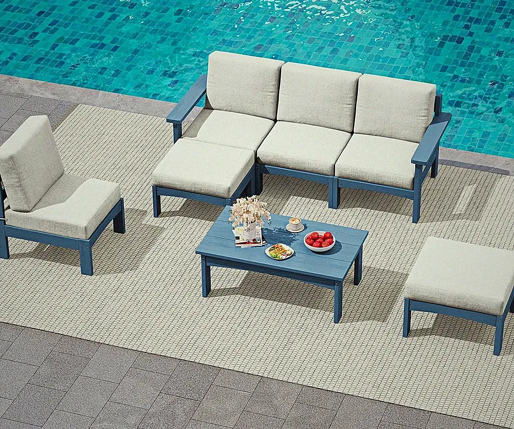 7 Pieces Patio Conversation Set, HDPE Outdoor Sectional Sofas, Blue