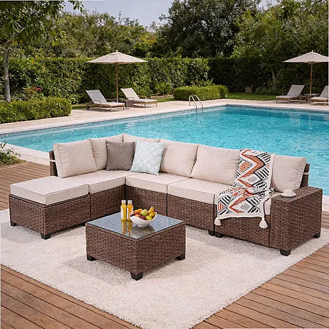 7 Pieces Patio Furniture Set - All-Weather Wicker Outdoor Sectional Sofa, Rattan