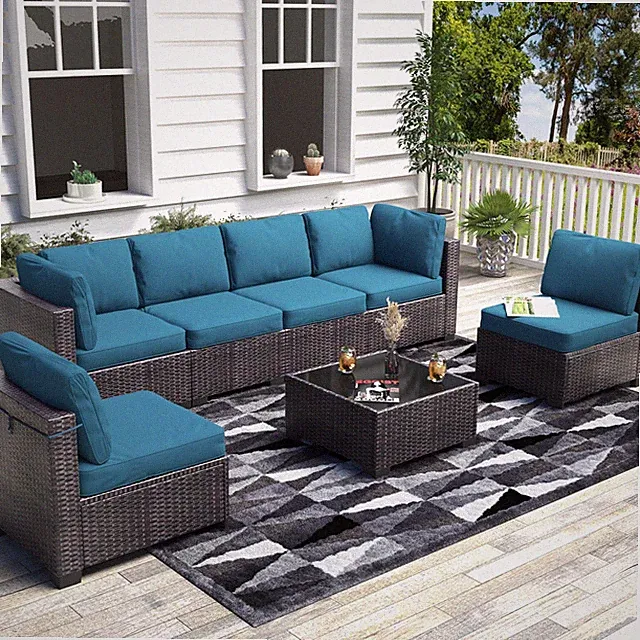 7 Pieces Patio Furniture Set, Outdoor Sectional Patio Conversation Set PE Rattan