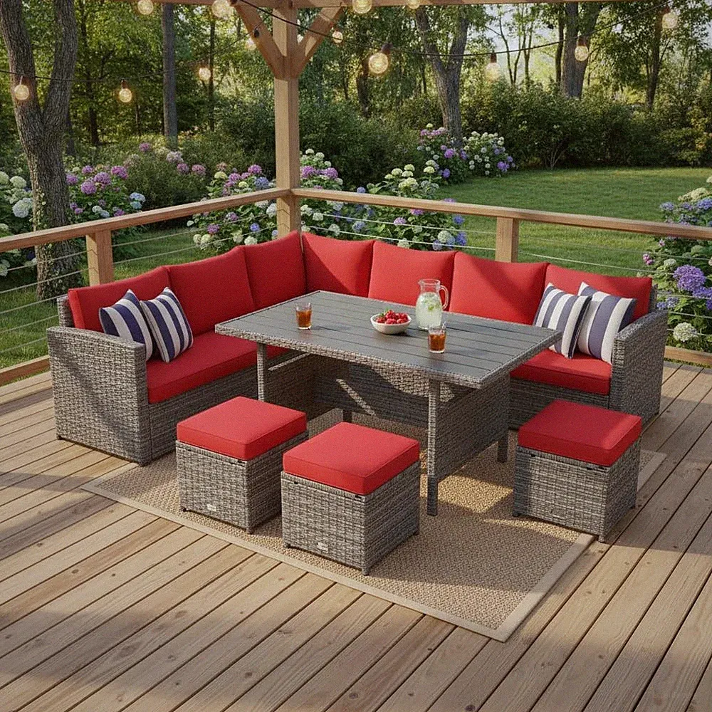 7 Pieces Patio Furniture Set, Outdoor Sectional Rattan Sofa Set with Cushions, A
