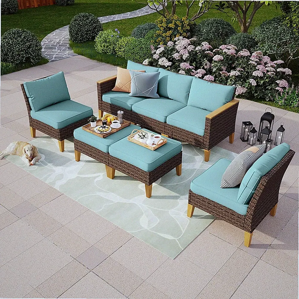 7-Pieces Patio Furniture Set Outdoor Sectional Sofa Rattan Wicker Sofa Blue