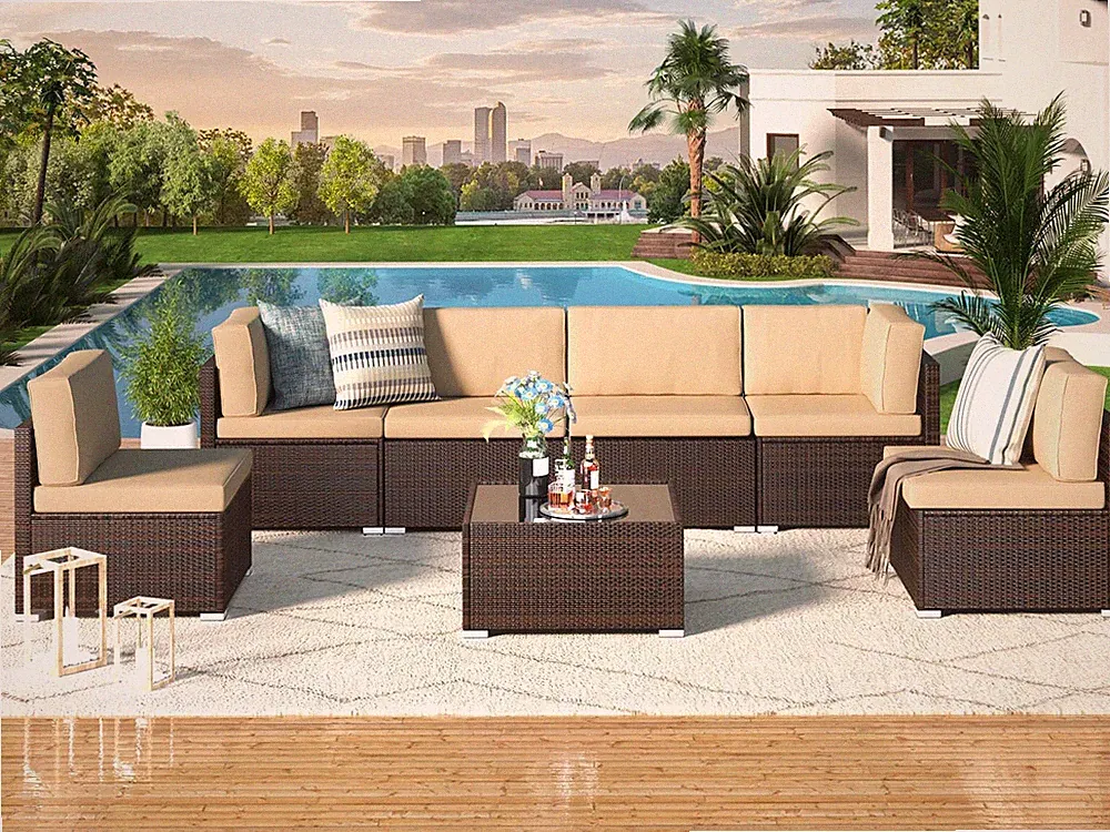 7-Pieces Patio Furniture Set Outdoor Sectional Sofa Rattan Wicker Sofa W/ Table