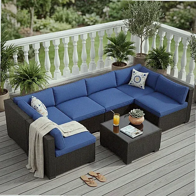 7-Pieces Patio Furniture Set Outdoor Sectional Sofa Rattan Wicker Sofa W/ Table