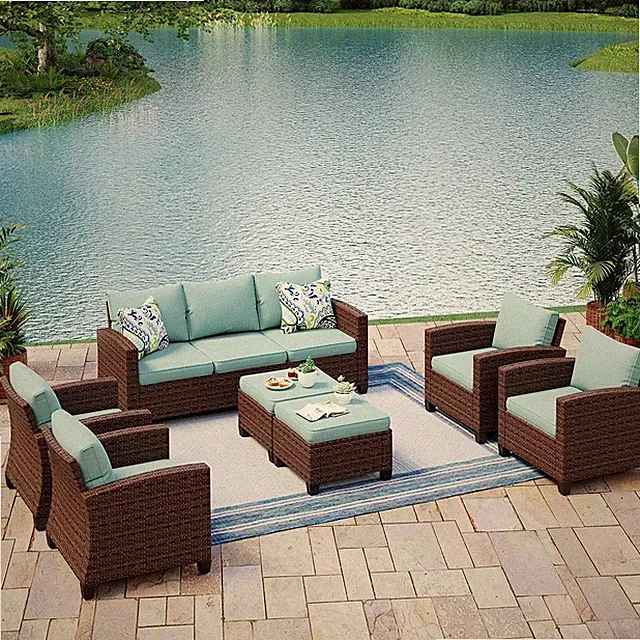 7 Pieces Patio Furniture Set Outdoor Wicker Rattan Sofa Conversation Set 9 Seat