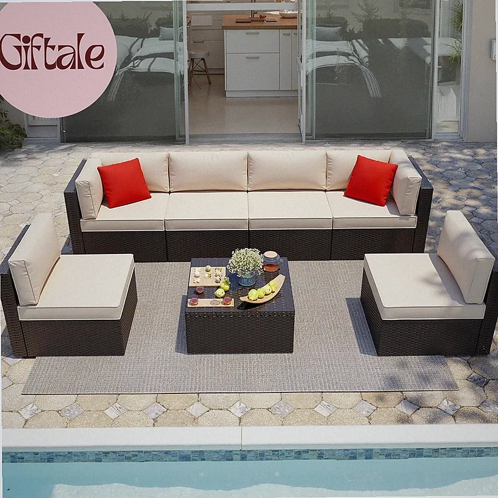 7 Pieces Patio Furniture Sets Outdoor All-Weather Sectional Patio Sofa Set PE Ra