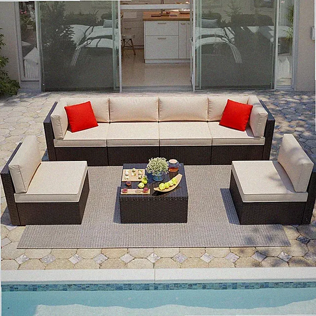 7 Pieces Patio Furniture Sets Outdoor All-Weather Sectional Patio Sofa Set PE Ra