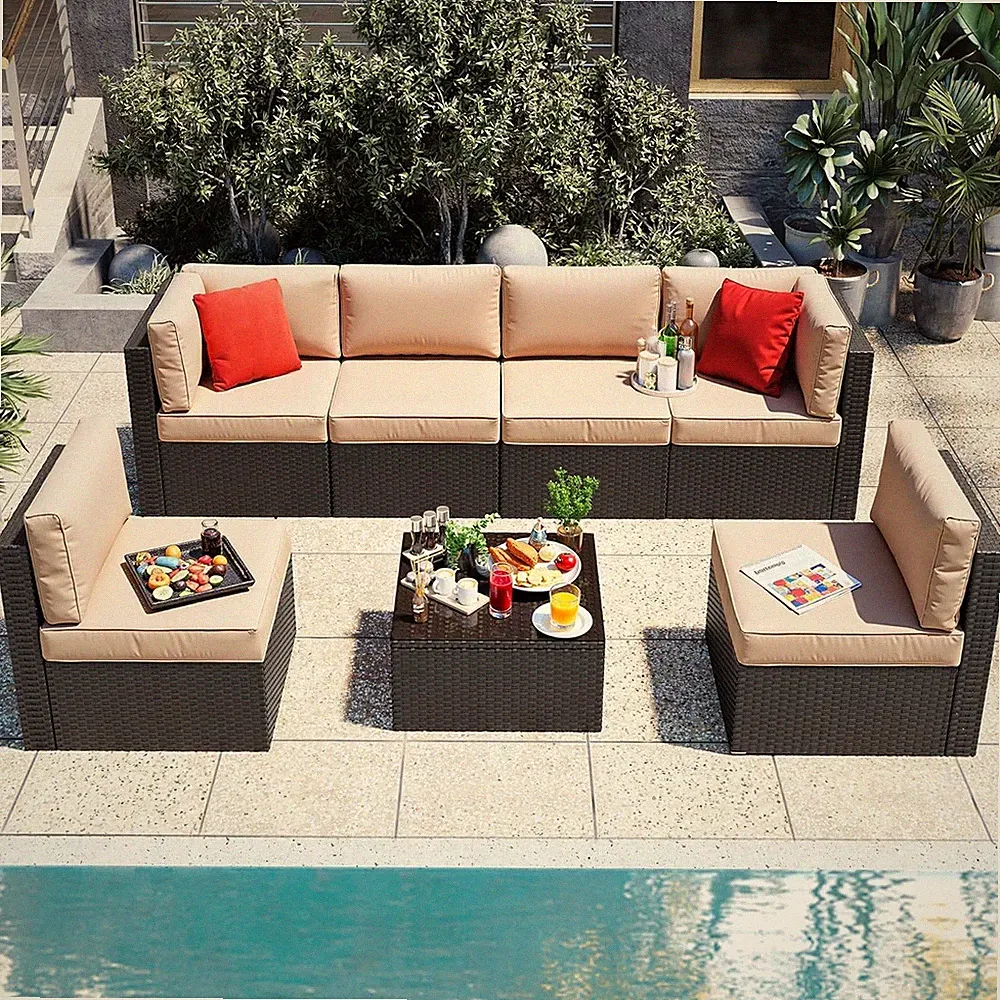 7 Pieces Patio Furniture Sets, Outdoor Patio Conversation Set PE Rattan Wicker