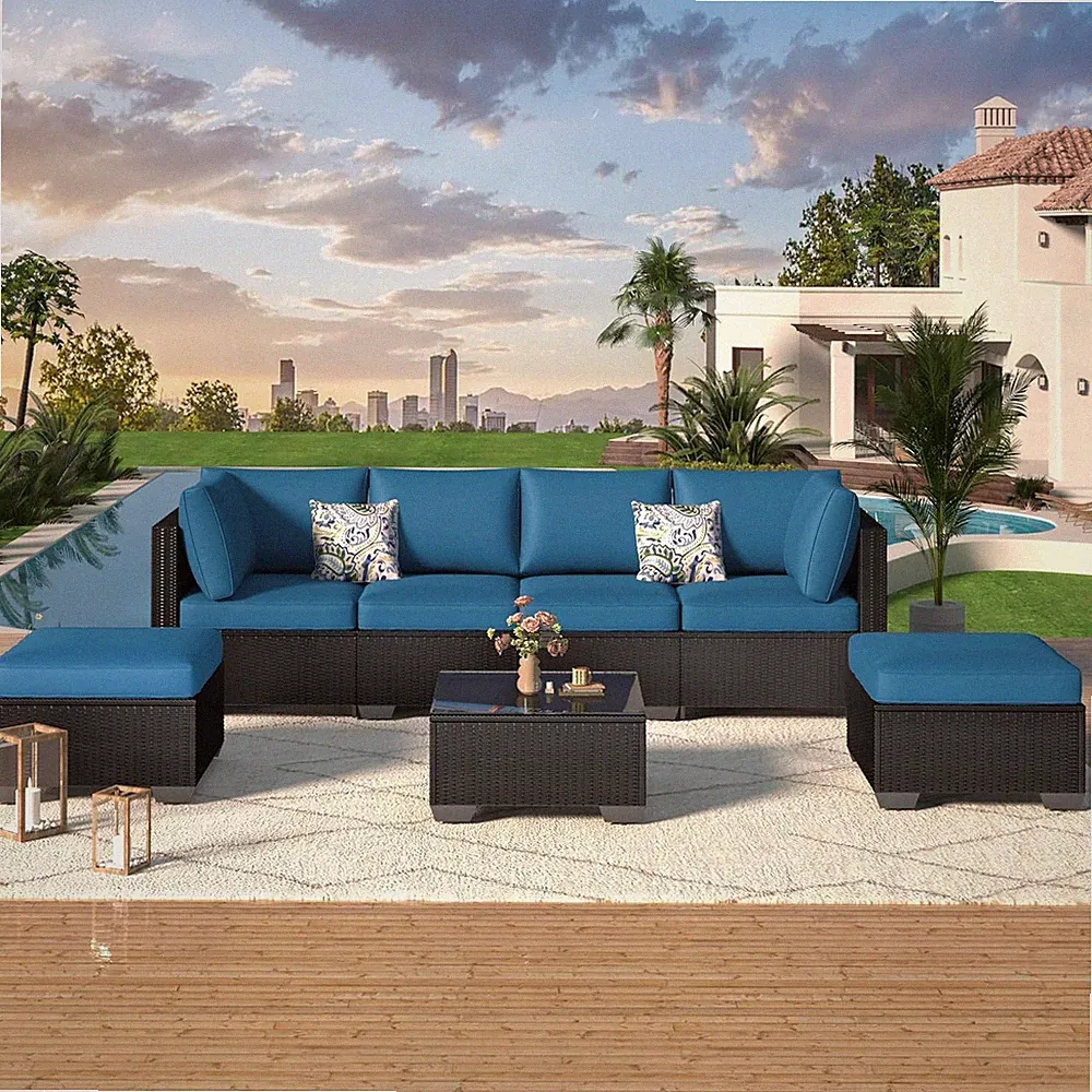 7 Pieces Patio Sofa Set PE Rattan Outdoor Furniture Sectional Conversation Sofas